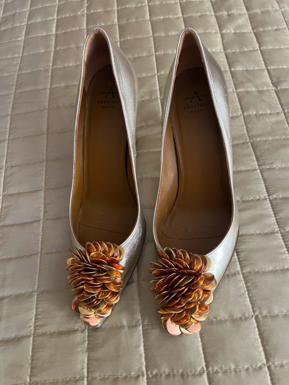 Aquatalia Metallic Silver gold Pumps with Copper Floral Accents